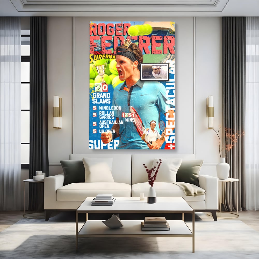 Tablou canvas cu tablou canvas cu roger federer si racheta de tenis, fara rama, pe sasiu de lemn, pe perete intr-un living